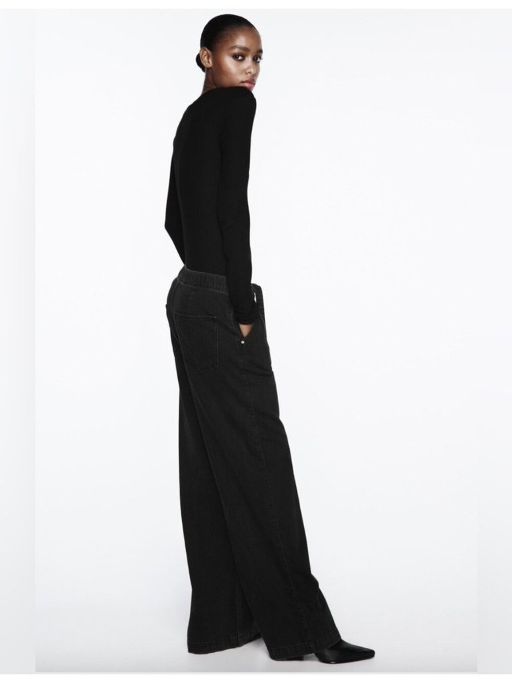 Zara Wide Leg Jeans Women’s Large Black Denim High Rise - Picture 12 of 16